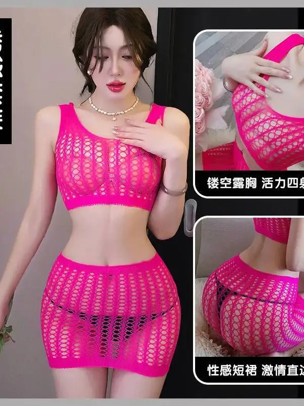 Uniforme Sexy tentación hueco de dos piezas vestido de playa de rejilla elegante para mujeres malla de encaje transparente vestido Sexy caliente Tops 04QF