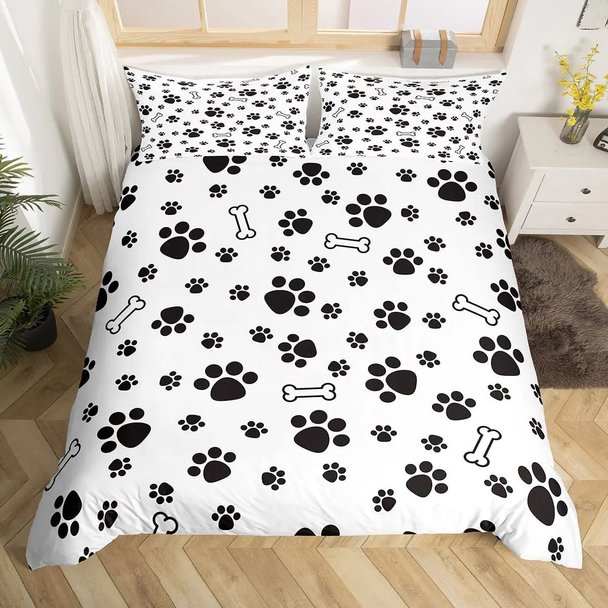 Dog Paw Print Duvet Cover Set Queen Size, Bone Pattern Bedding Set 3pcs For Kids Teens Room Decor, Pet Animals Comforter Covers