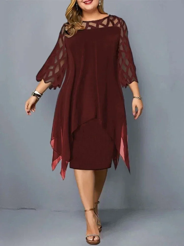 Party Dress For Women Chubby Lace Sleeve Hollow Out Solid Elegant Midi Xxl O Neck Sexy Women\'S Clothing Evening Dresses 2023