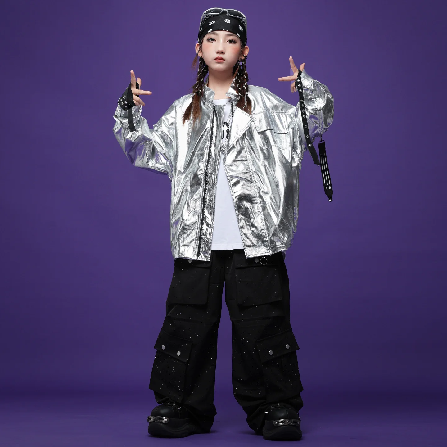 طفل الهيب هوب الملابس الفضة بولي Metal المعادن دراجة نارية سترة أعلى الأسود الفضة مبعثر البضائع السراويل لفتاة صبي ملابس رقص الملابس #3