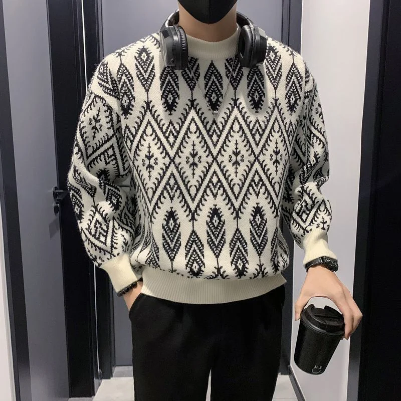 العرقية نمط سترة جاكار الرجال قاع قميص بأكمام طويلة الخريف والشتاء محبوك سترة البلوز #2