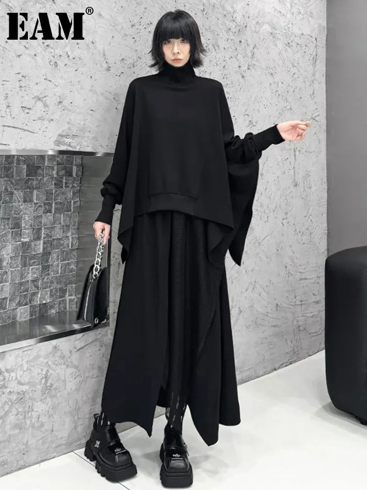 [EAM] Black Sweatshirt Half-body Skirt Two Pieces Suit New Turtleneck Long Sleeve Women Fashion Tide Spring Autumn 2024 1DH8611