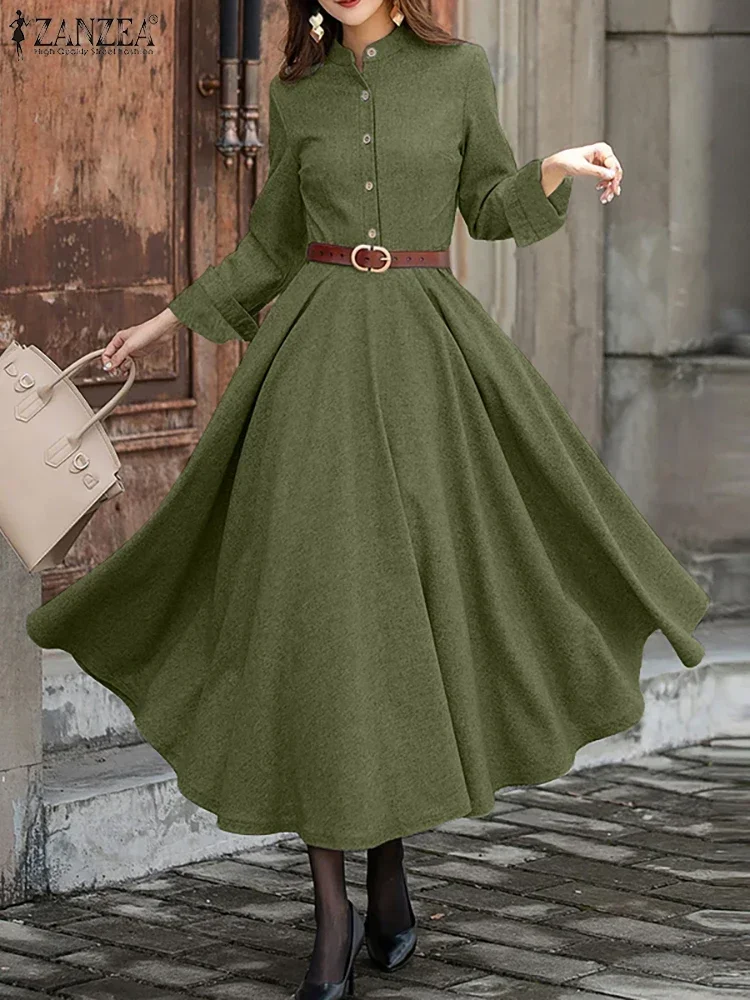 

Fashion Long Sleeve Dress Women Stand Neck Sundress 2025 ZANZEA Casual Loose Robe Autumn Solid Color Elegant Office Vestidos