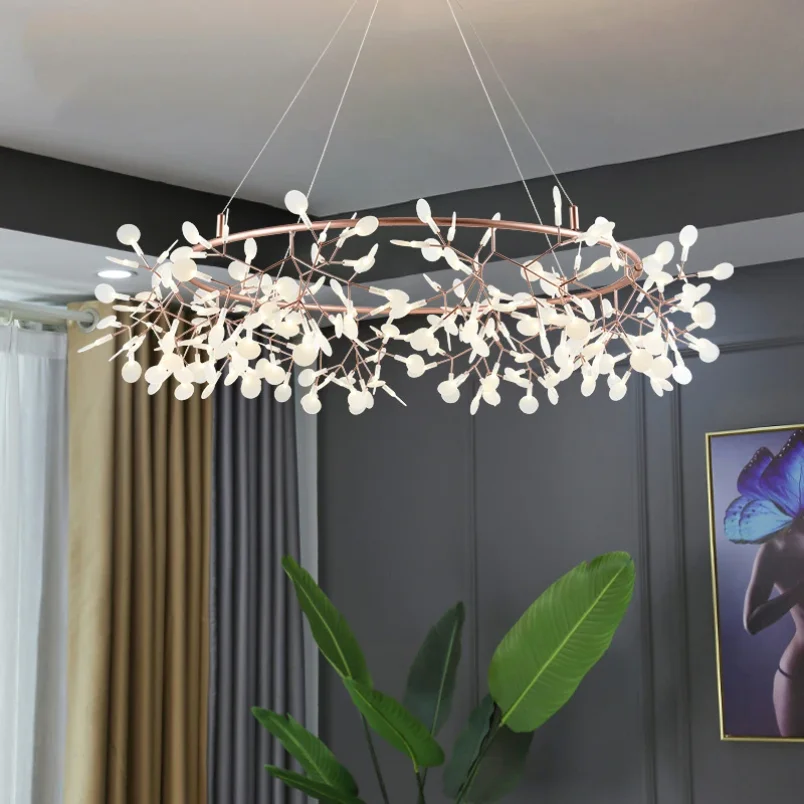 Nordic Hanging Living Room Chandelier Large Modern Kitchen Firefly Lamp Rose Gold Black Branch Round Chandelier Lighting