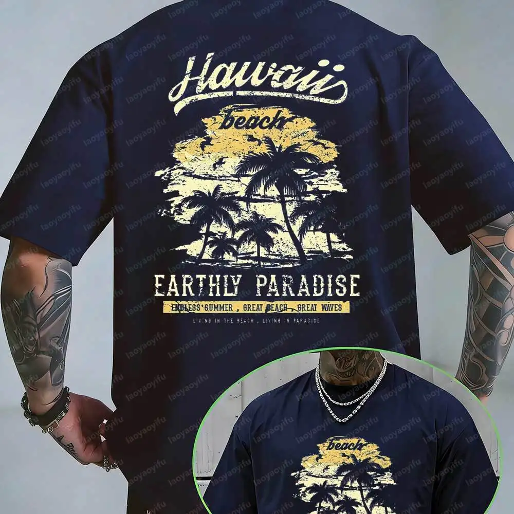 Vintage Hawaii Beach T Shirt Men Earthly Paradise Retro Print Casual Summer Short Sleeve Regular Streetwear High Quality Cotton