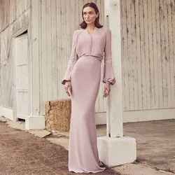 Vestido de noche de lavanda para mujer, manga larga, apliques de sirena, cuello en V, vestidos de invitados de boda elegantes, 2023