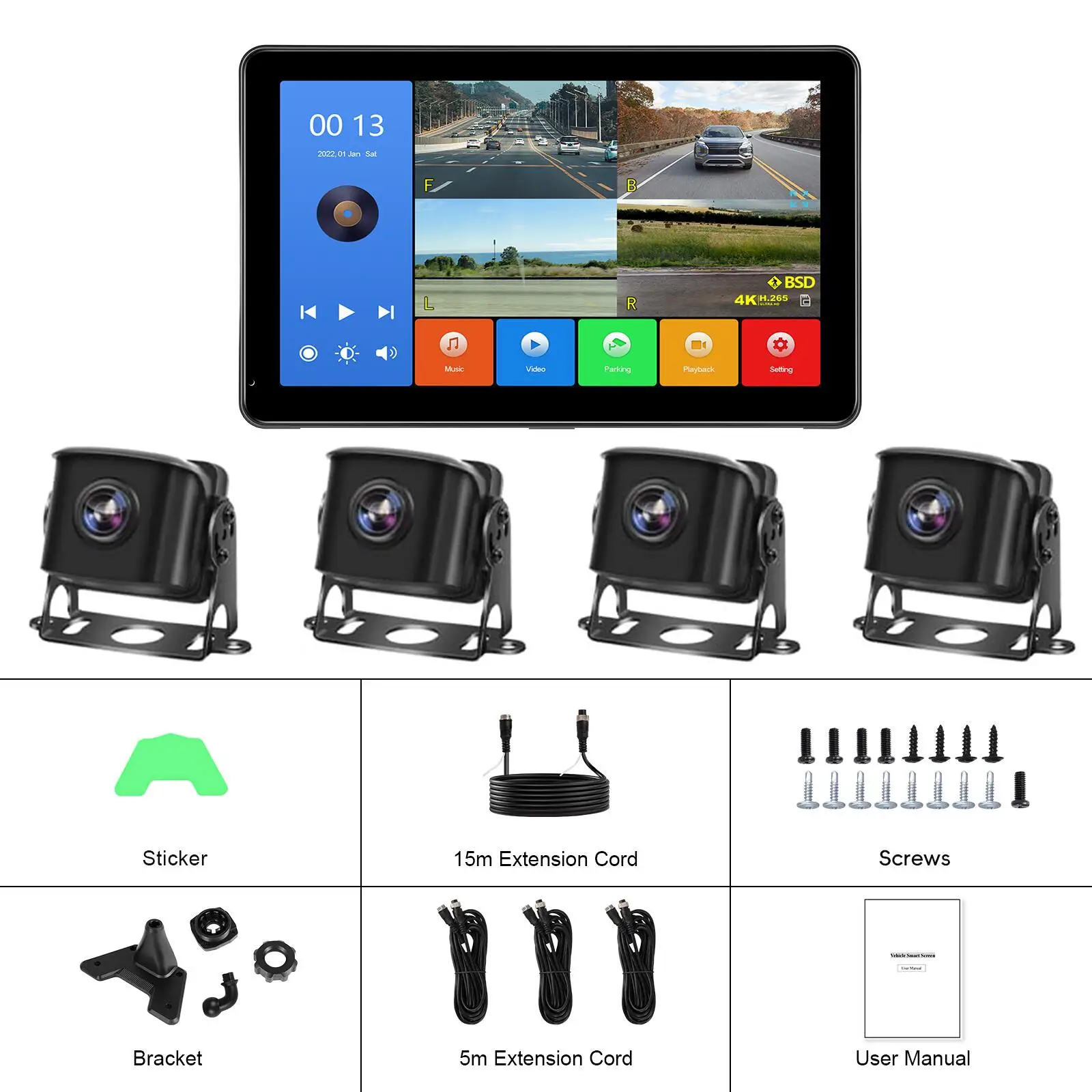 10.1 Inch BSD 4 Rear Backup Cameras Touch Screen DVR Monitor Split Screen AHD 1080P USB MP3 MP5 Player Loop Recording 9V-36V
