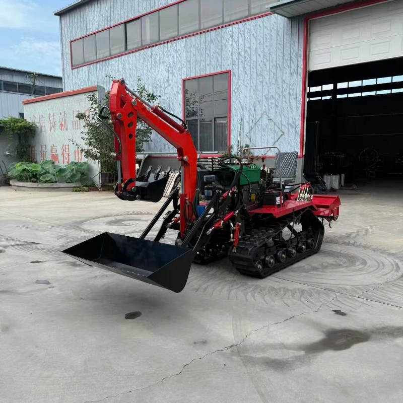 Innovative micro-crawler tractor with excavator attachment, designed for narrow spaces and gardens