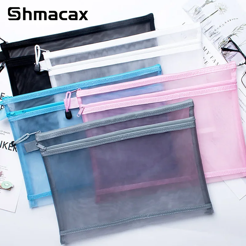 

A4 A5 A6 Portable Double-layer Mesh Zipper File Bag Transparent Student Test Paper Data Storage Bag Office Files Stationery