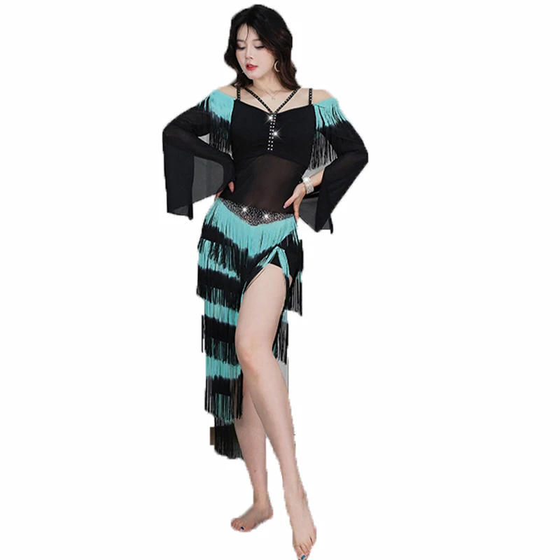 Belly Dancing Performance Costume Set Light Luxury Top+Sexy Split Tassels Skirt 2pcs Suit Women Oriental Dance Clothing