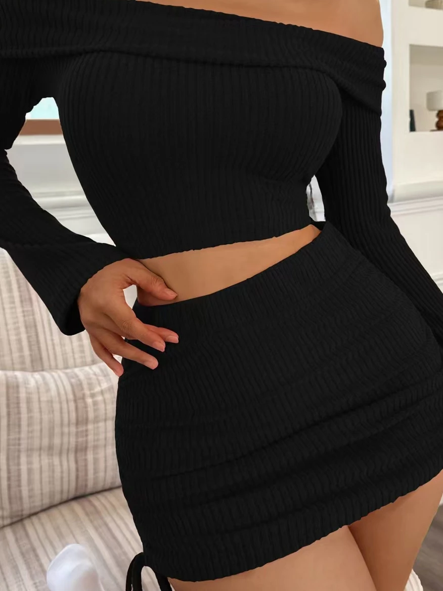 Nuevo conjunto de falda de punto con un solo hombro y falda de cintura alta, traje de dos piezas Faion Slim Fit largo Sve High Ne para mujer, otoño...