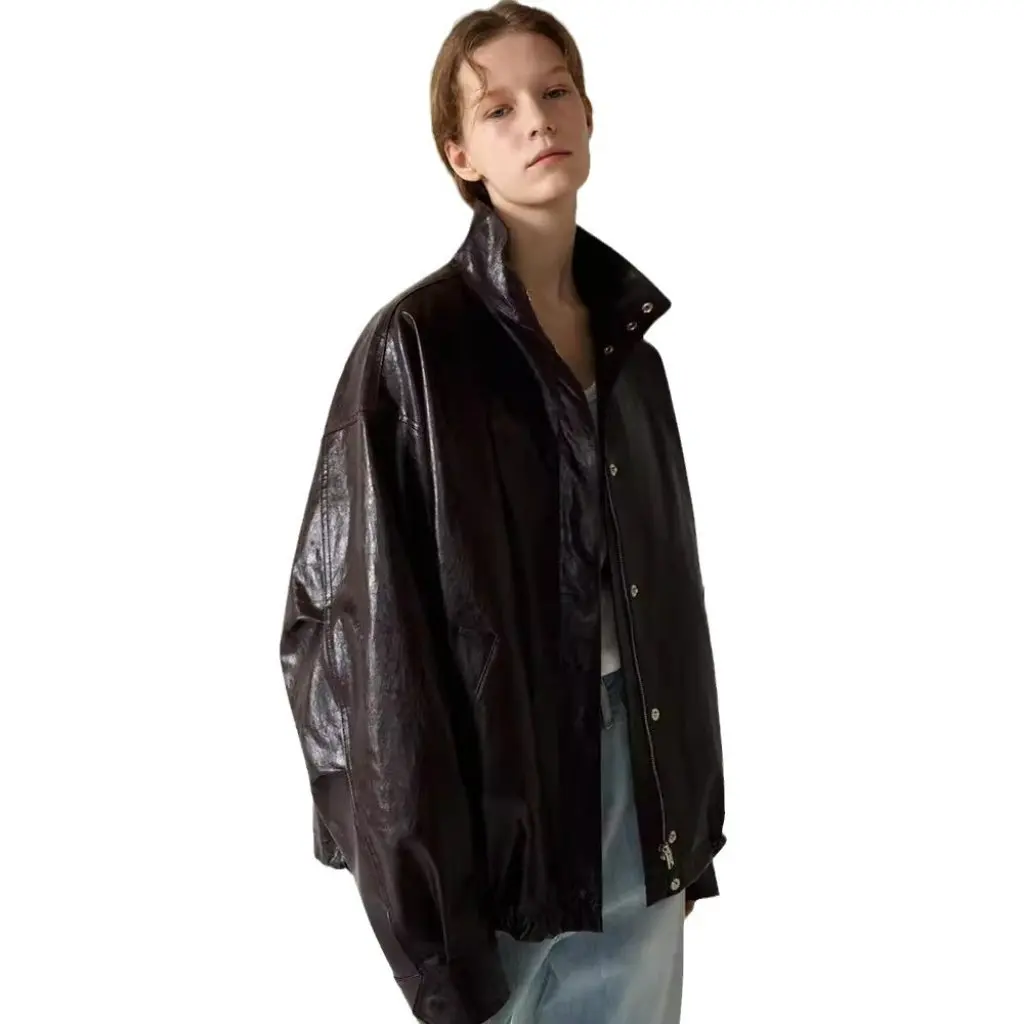 F*Cade P*Ttern レザージャケット 女性用 ルーズスタンドアップカラー バイクスタイルシルエット 通勤トップ 春夏秋用