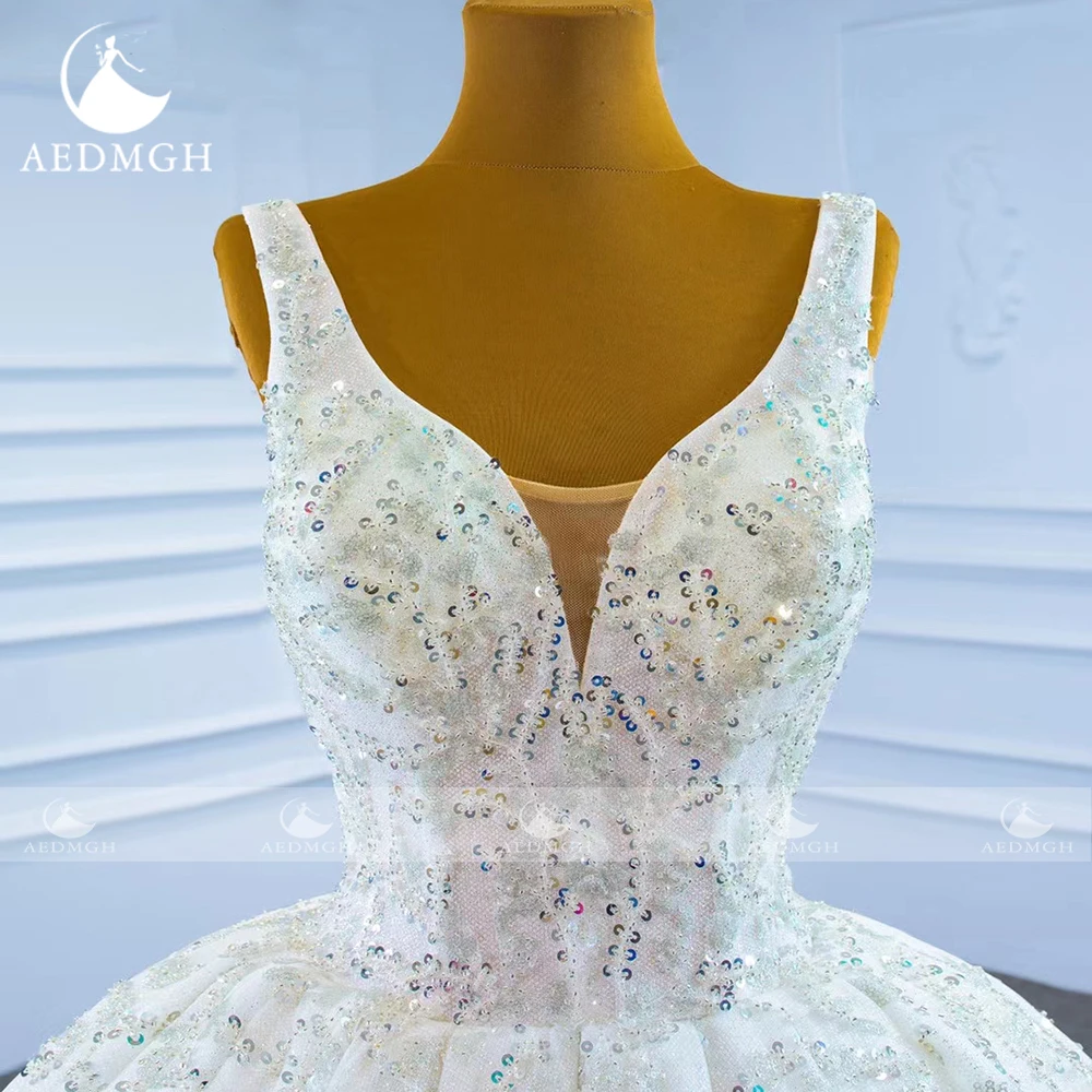 Aedmgh Ball Gown Gorgeous Wedding Dresses V-Neck Sleeveless Robe De Mariee Lace Sequined Shiny Princess Custom Made Bridal Gown