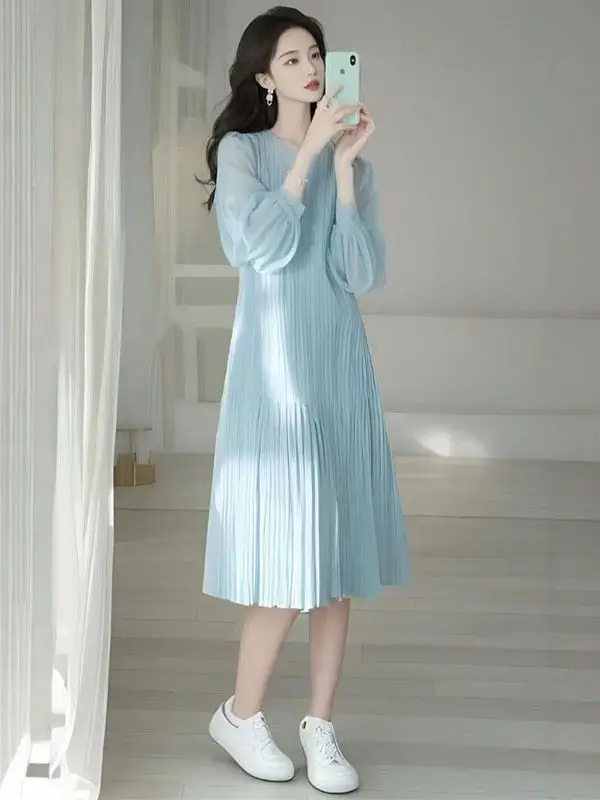 Ele Blue Chiffon Lang Dr Spring 2025, vroege lente Krachtige aanwezigheid Damesachtig Dr Luxury Sensation Geschikte blauwe D...