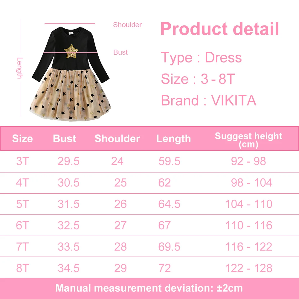 VIKITA Kids Autumn Dresses for Girls Star Sequins Princess Dress Girl Long Sleeve Party Vestidos Girls Dress Children Clothing