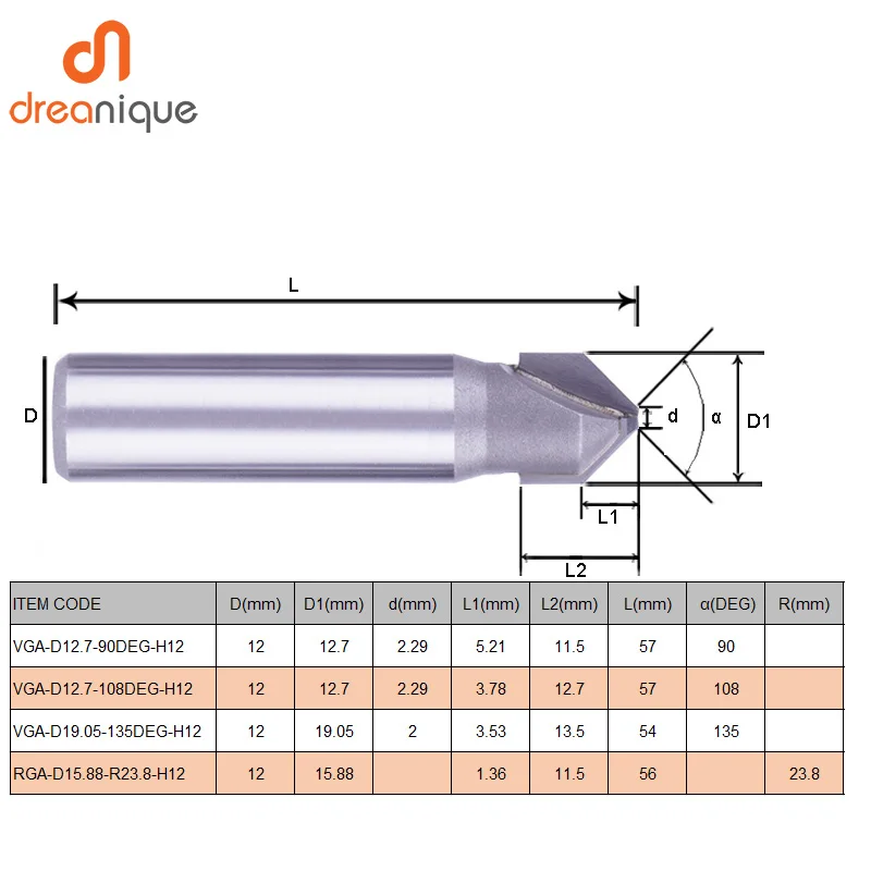 Dreanique 1pc VGA V Bit Flat Head 12mm Shank 90 135 108 Degree for ACM Panel/Wood Bending Milling Bit V Bit