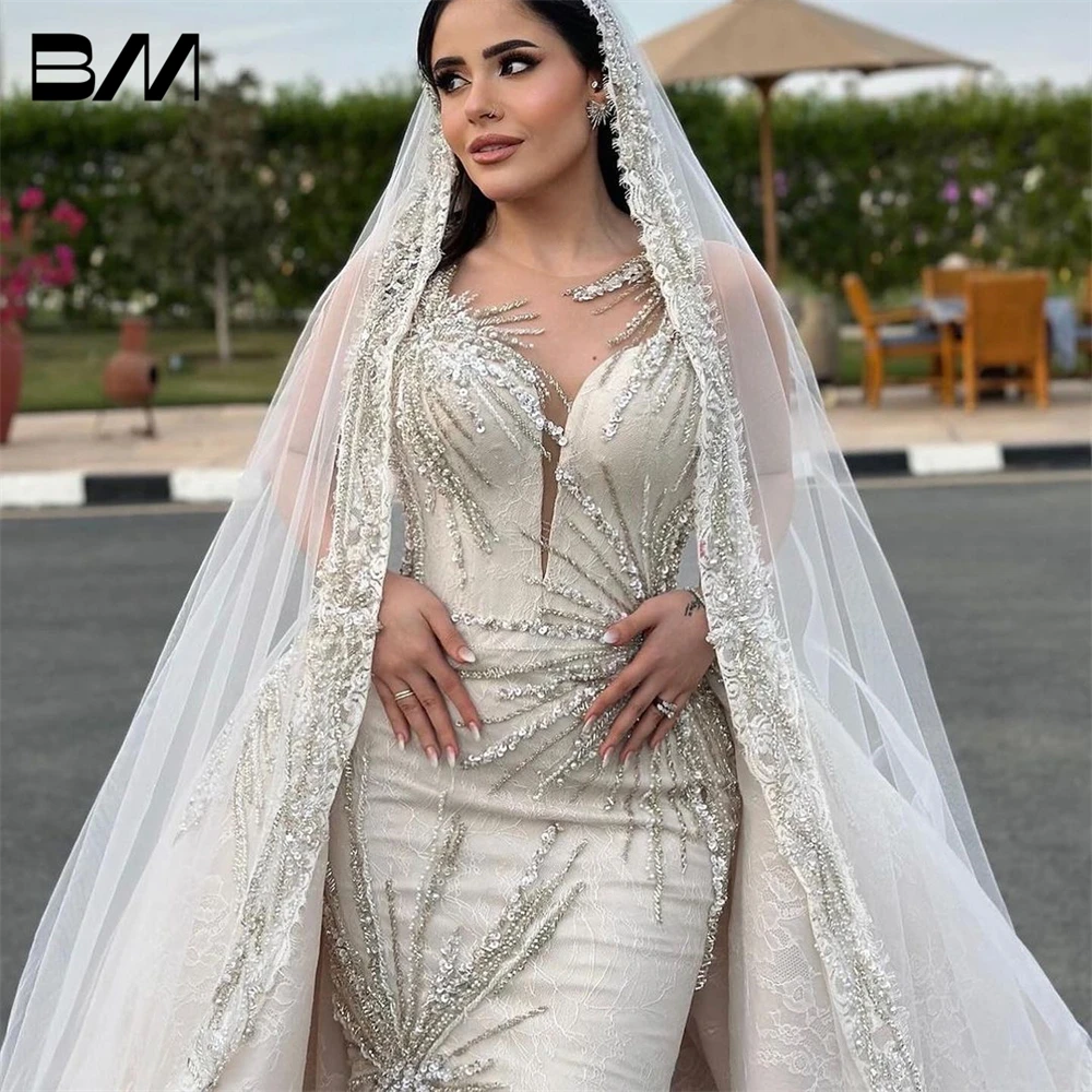 Firework Shaped Beading Bride Dress With Detachable Train Luxury Mermaid Wedding Dresses For Women Plus Size Bridal Gown No Veil