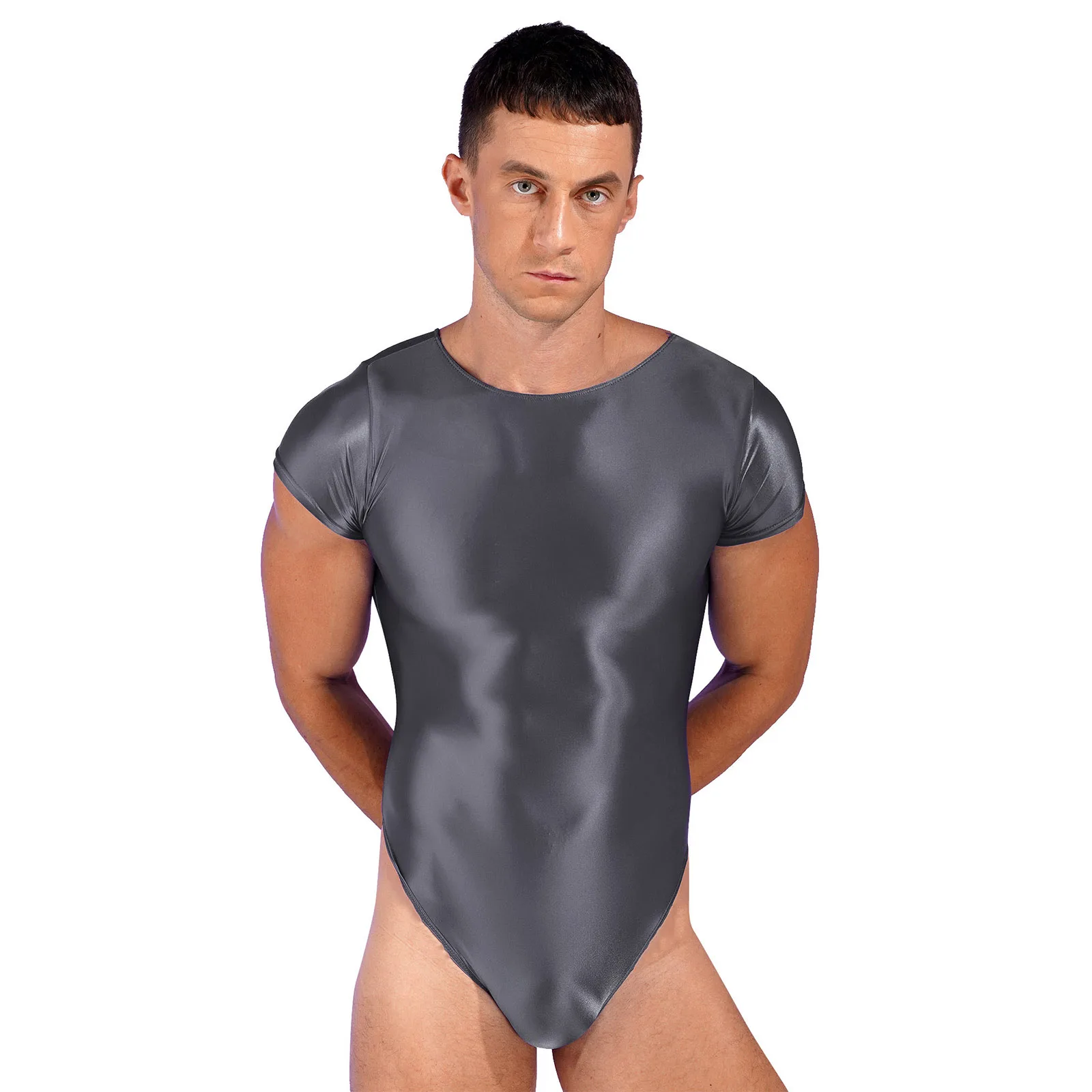 #L-XL Mens Glossy Short Sleeve Leotard One Piece Swimming Bodysuit High Cut Stretchy Swimwear Sportswear Jumpsuits