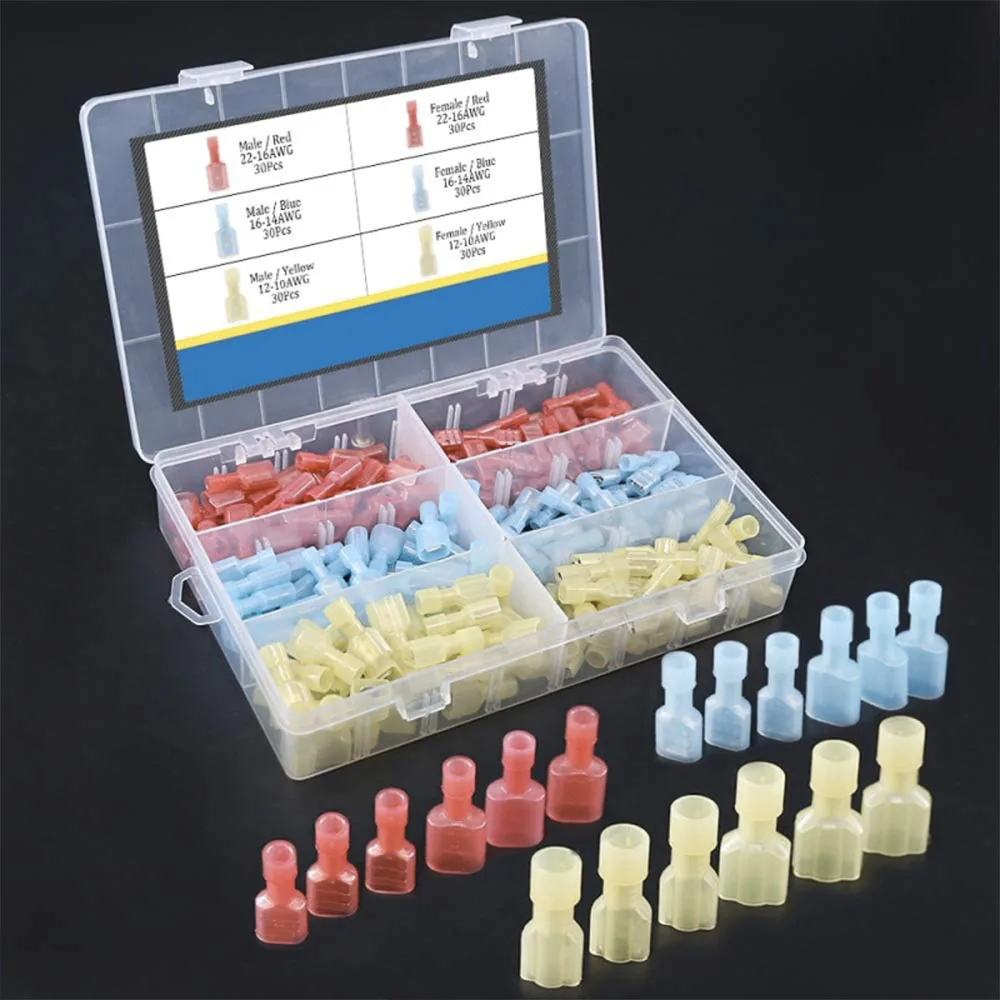 180PCS Fully Insulated Spade Terminals Nylon, Male & Female Quick Disconnect Electrical Cold-Pressed Wire Connectors Kit