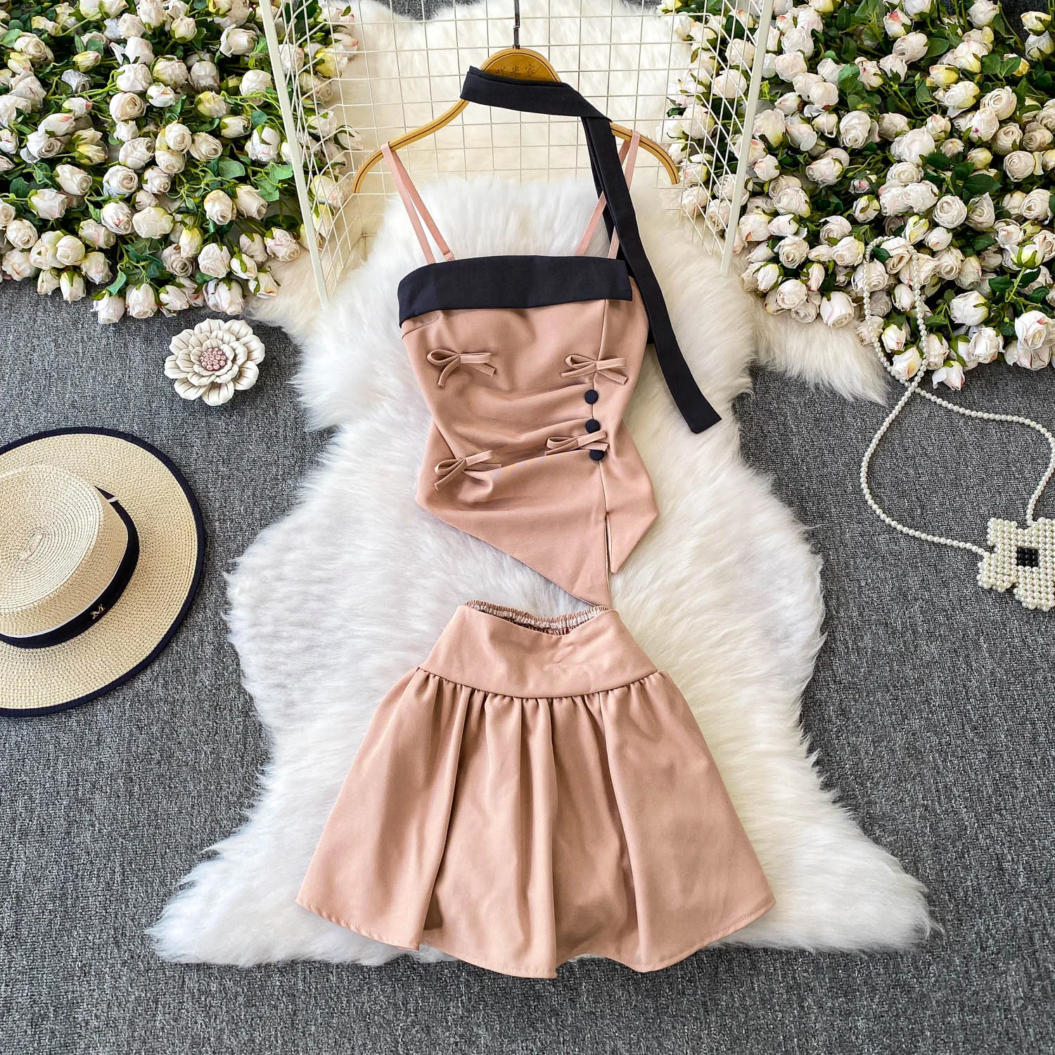 

High Waist Slim Fit Vest Top Set with Sa Bridesmaid Outfit ort Skirt Color Blo Faionable Women's Two-Piece Suit