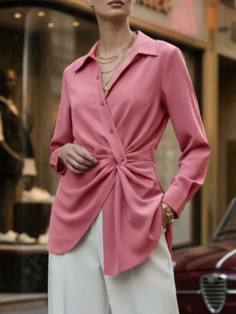 Yeezzi Women's Twisted Waist Long Sleeves Office Lapel Shirts 2026 New Solid Color Pleated Asymmetrical Hem Trendy Lapel Blouses