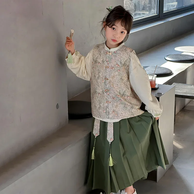 Girls 2024 Autumn New Chinese Style Shirt Children National Style Flower Vest Fashion Horse Face Skirt Three Piece Set