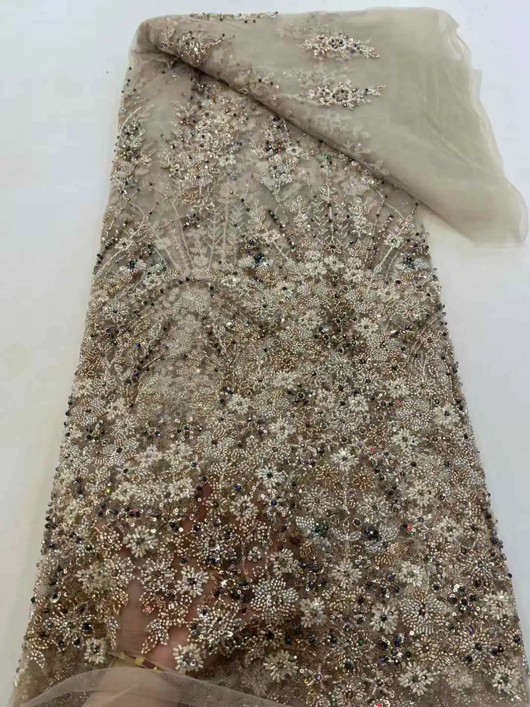 High Quality African Nigeria Sequins Tulle Lace Fabric Embroidery Wedding Party Dress Beads Lace Sewing Material5Yards