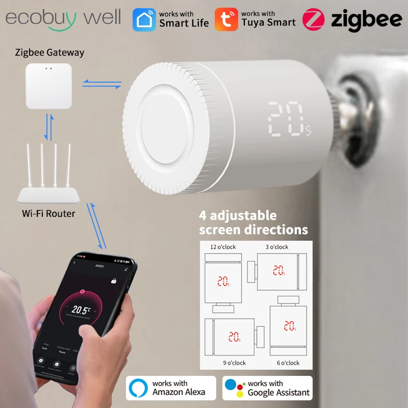 

Термостатический радиаторный клапан Zigbee Tuya, подключенная термостатическая головка, клапан радиатора Zigbee, регулятор температуры Alexa Google Home