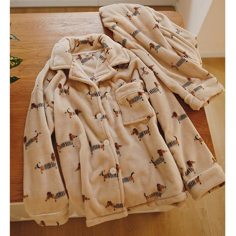 Fall Winter 2024 Women\'s Pajamas Cute Dachshund Print Cartoon Fleece Thick Top Pants Two Pieces Set Nightgown Sleepwear 49907