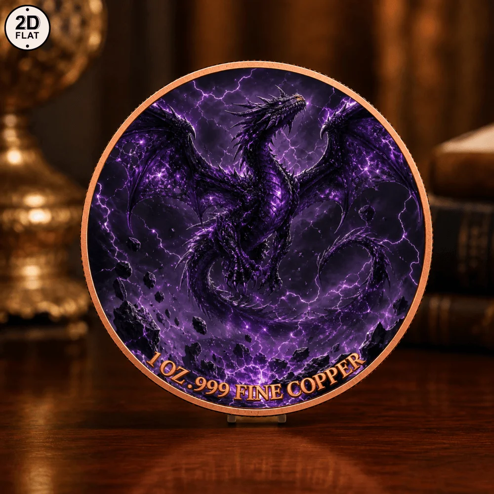 1pc Thunder Dark Dragon Challenge Coin 1oz .999 Fine Copper Coin Outer Space Purple Lightning Fantasy Collectible Gifts
