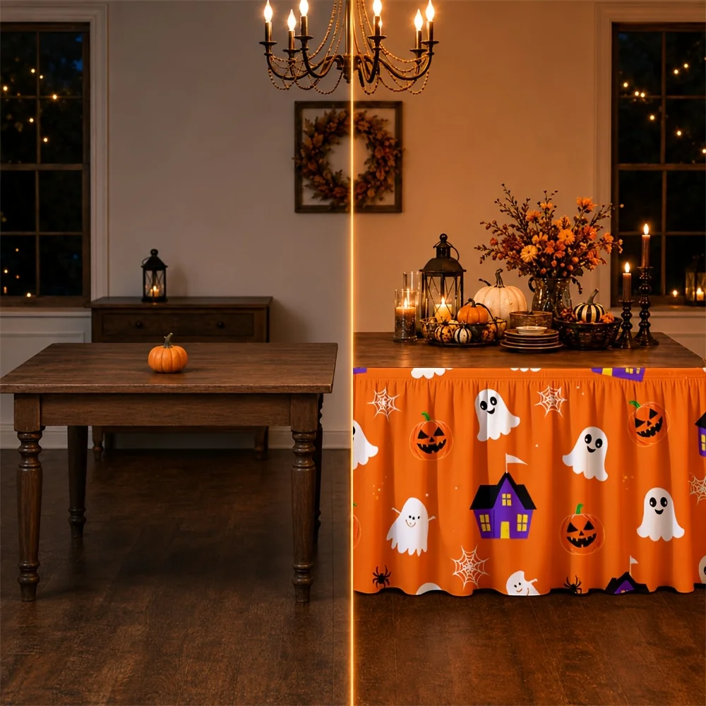 Halloween-themed tablecloth, featuring ghosts, haunted houses, pumpkins and snowflakes in orange colorxzj