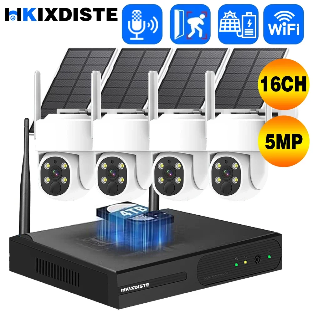 

5MP Wireless CCTV System 16CH NVR WiFi Solar PTZ IP Camera Kit Two Way Audio Outdoor Security IP Cameras Video Surveillance Set