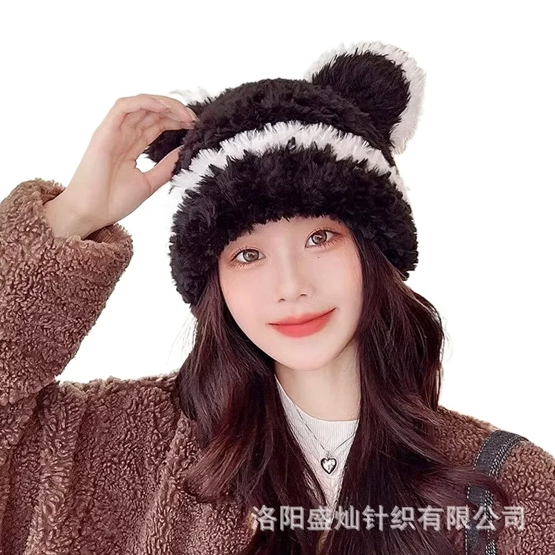 Women Winter Knitted Beanie Striped Color Block Plush Earflap Hat Warm Cold Proof Hat for Large Head Circumference