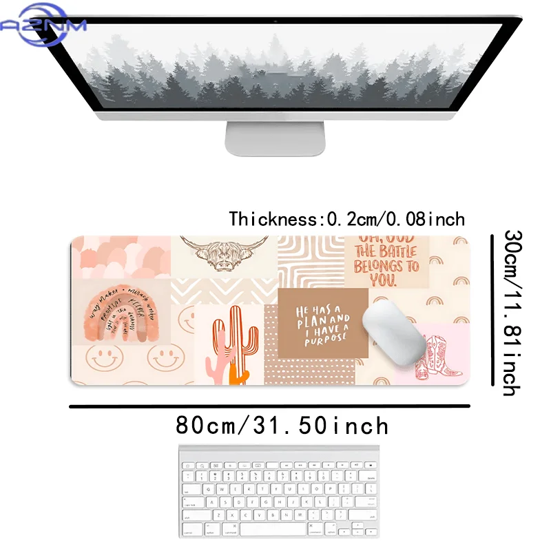 Cactus Pattern Gaming Mouse Pads Western Theme Large Mouse Pad XXL Muted Desk Pad Non-Slip Rubber Stitched Edges Keyboard Pad fo