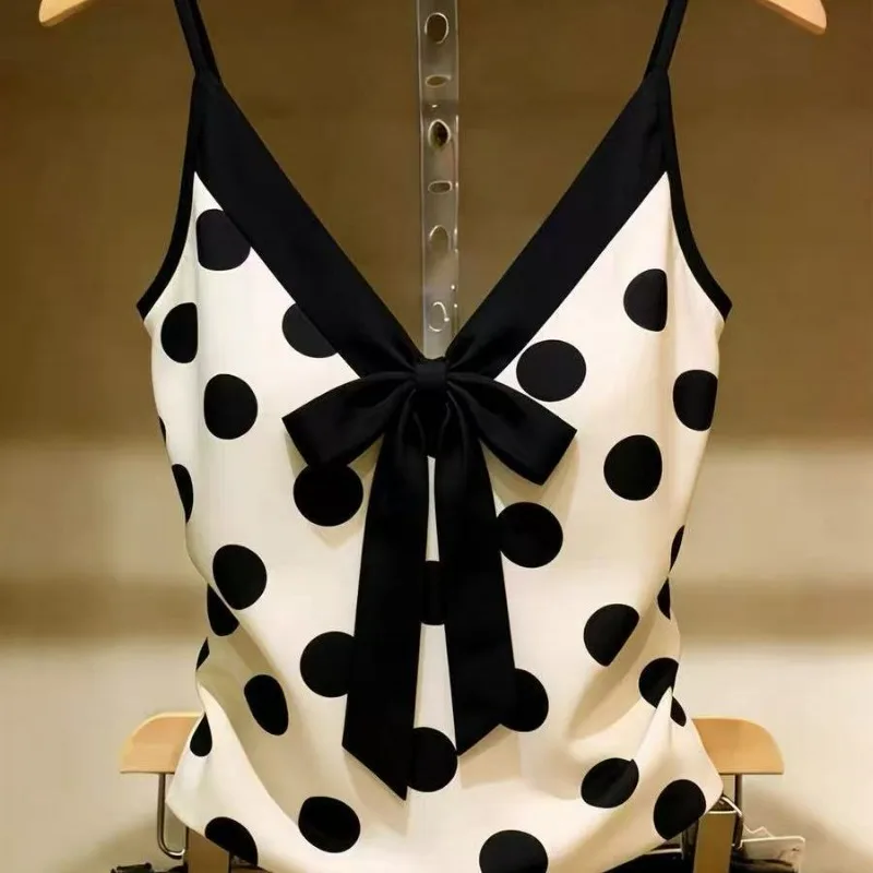Eye-catching Color-blocking V-neck Polka Dot Bow Women's Summer New Slimming and Form-fitting Top Pure and Spicy Girl Halter Top