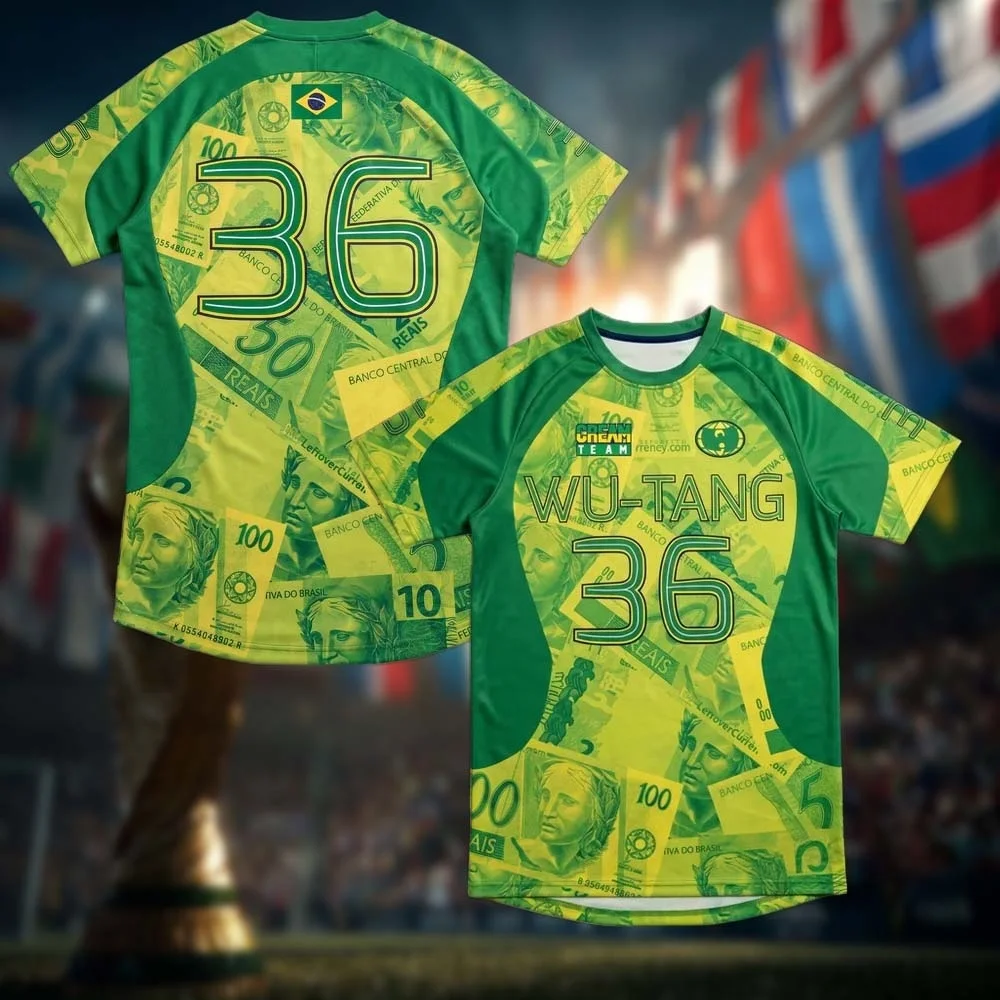 Wu-Tang # 36 Brasilien Real Banknote 3D-Druck Fußballtrikot Herren Kurzarm Vorder- und Rückseite Bedrucktes Fußball-Fan-Shirt Familienkleidung