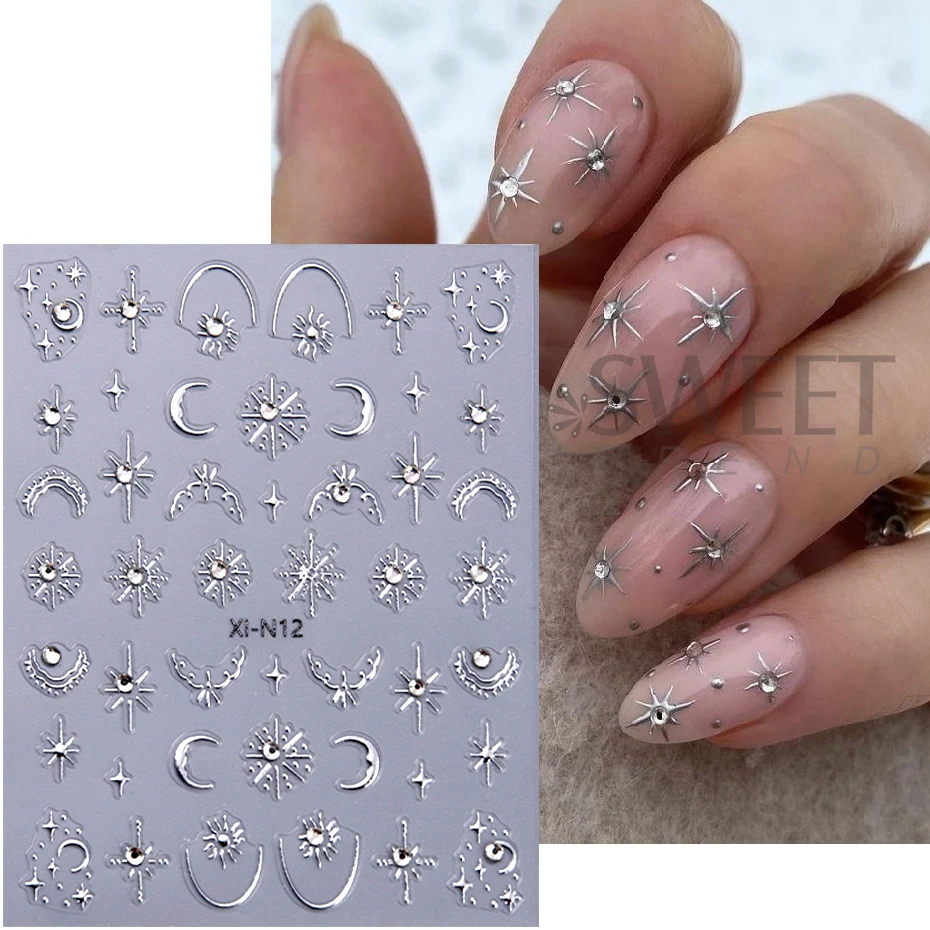 3D Gold Silver Star Moon Bronzing Nail Adesivo, metálico, linha estilo Boho, strass Design, adesivos Slider decalques, Manicure Decor