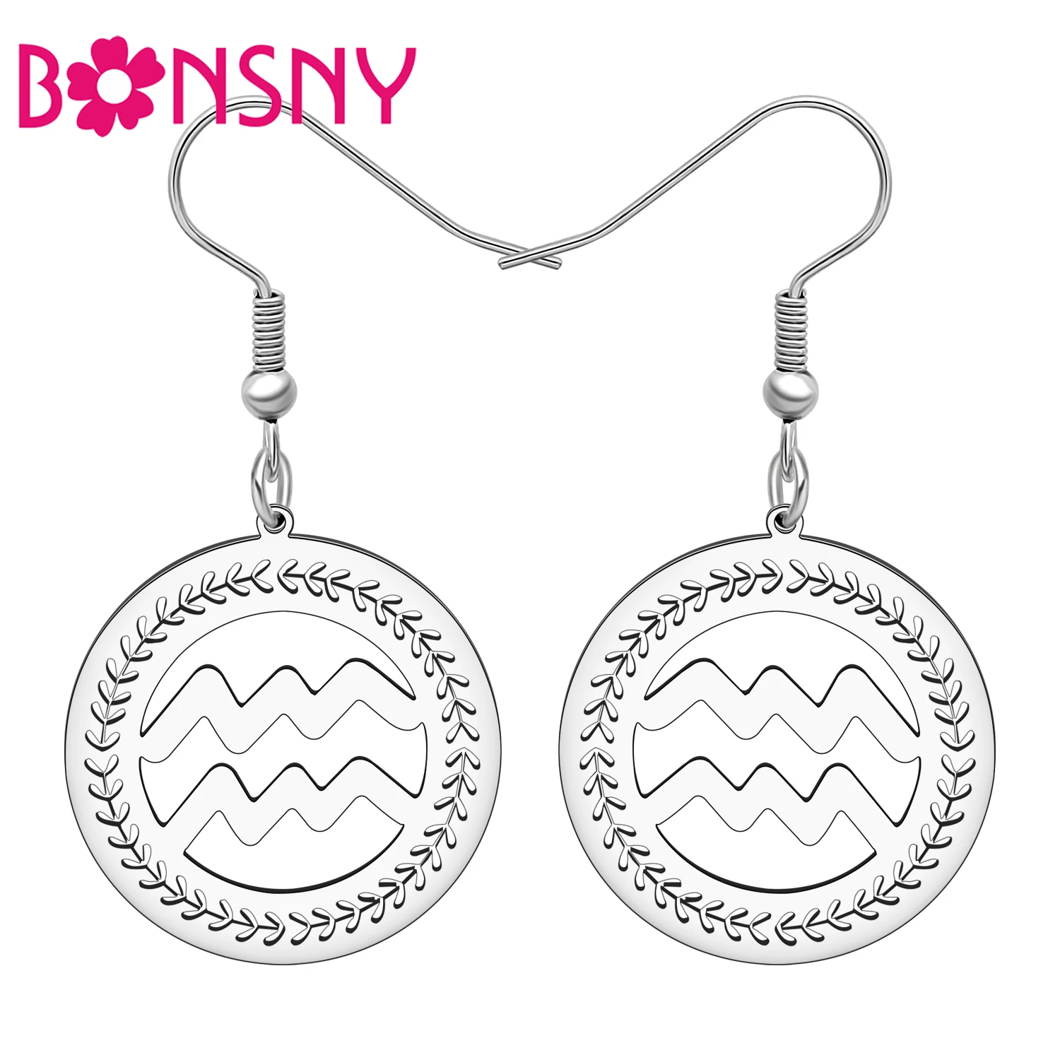 BONSNY Stainless Steel Silver Plated Aquarius Dangle Drop Earrings Light Weight Constellation Jewelry Birthday Gifts For Friend