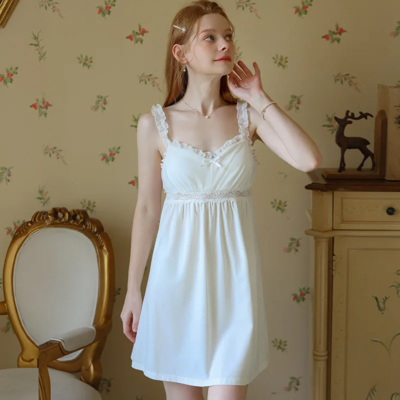 Vintage V Neck Night Dress Summer Women Cotton Sleeveless Nightdress Fairy Lace White Nightgown Princess Sleepwear Nightwear