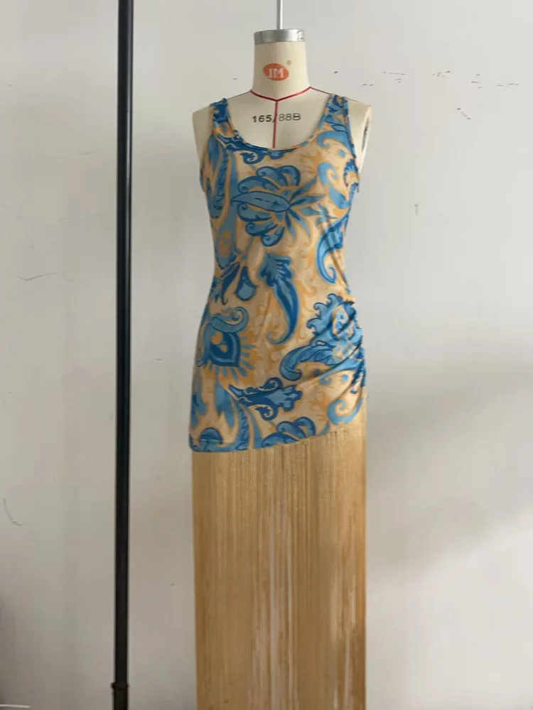 Tassels Print Patchwork Maxi Dress Chic Round Neck Sleeveless Slim Fit Ruffle High Waist Women Robe 2025 Y2k Party Evening Gown
