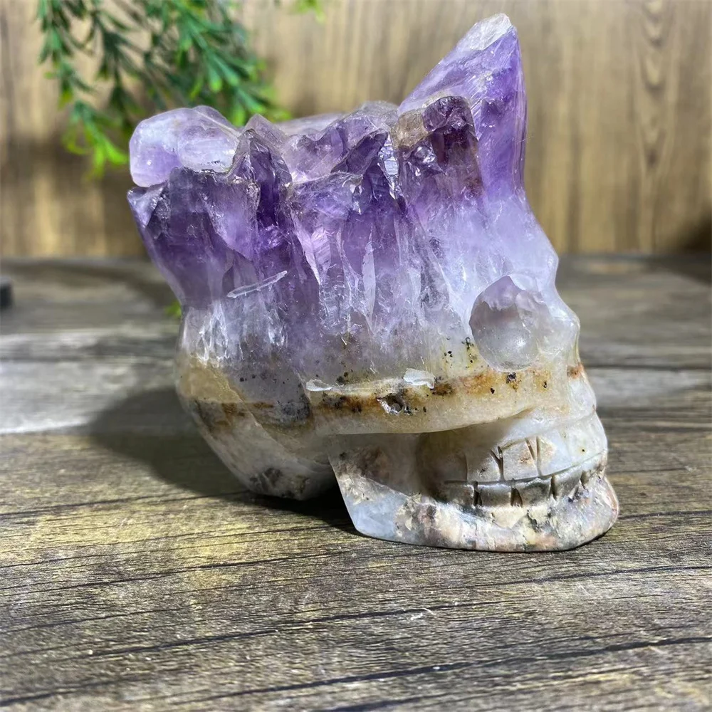 

Natural Crrystal Amethyst Cluster Skull Carvign Craft Quartz Stone Energy Healing Polishing Reiki Geode Home Decoration Gemstone