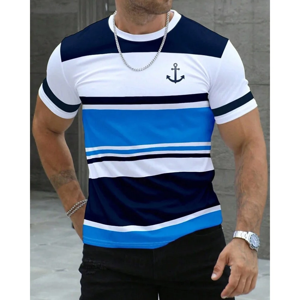 Fashion Nautical Style 3D Print T-shirt Men's Color Block Striped Short Sleeve Tees Anchor Detail Casual Tops Summer Streetwear