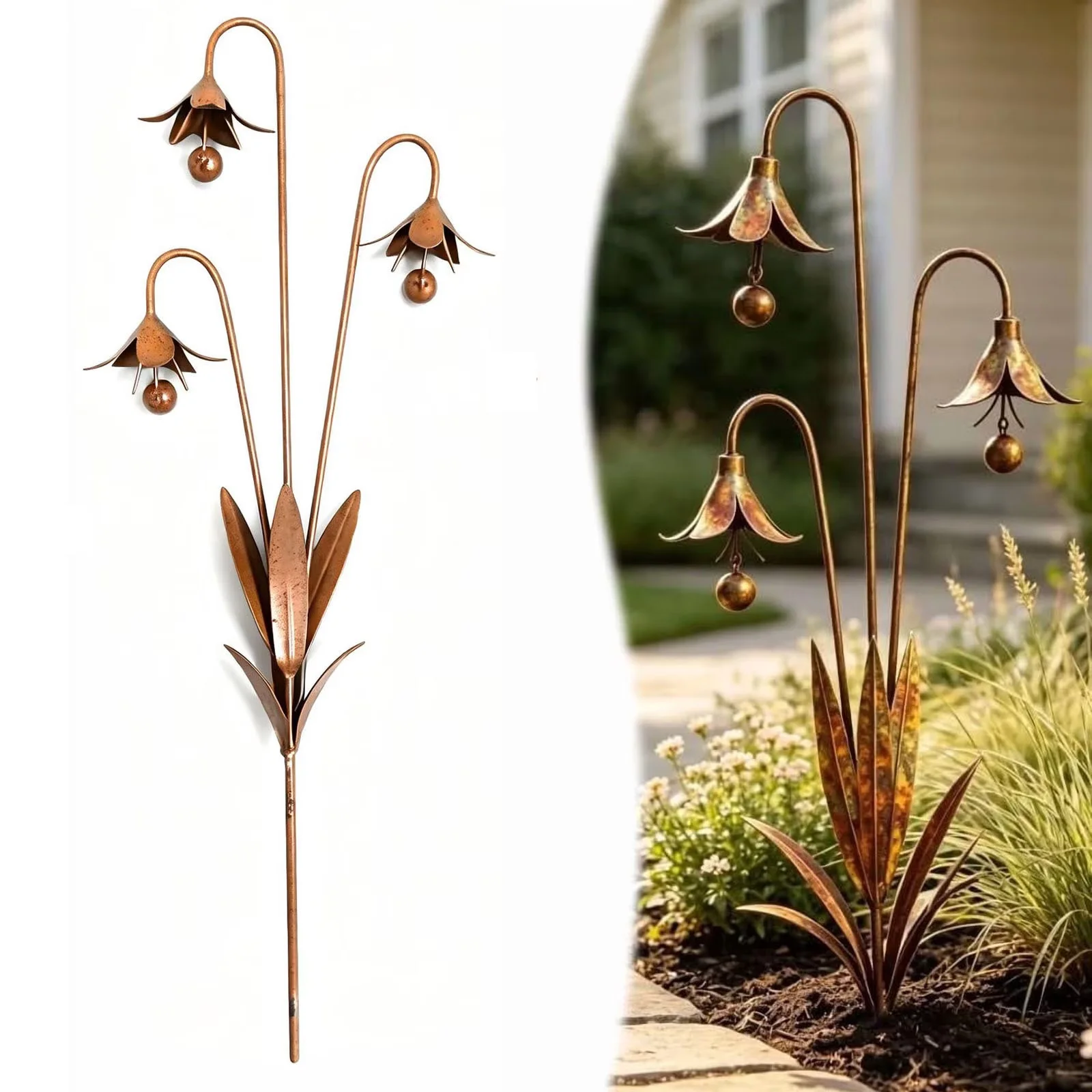 

Vintage Distressed Metal Wind Chime Stake Retro Iron Flower Yard Garden Lawn Decor