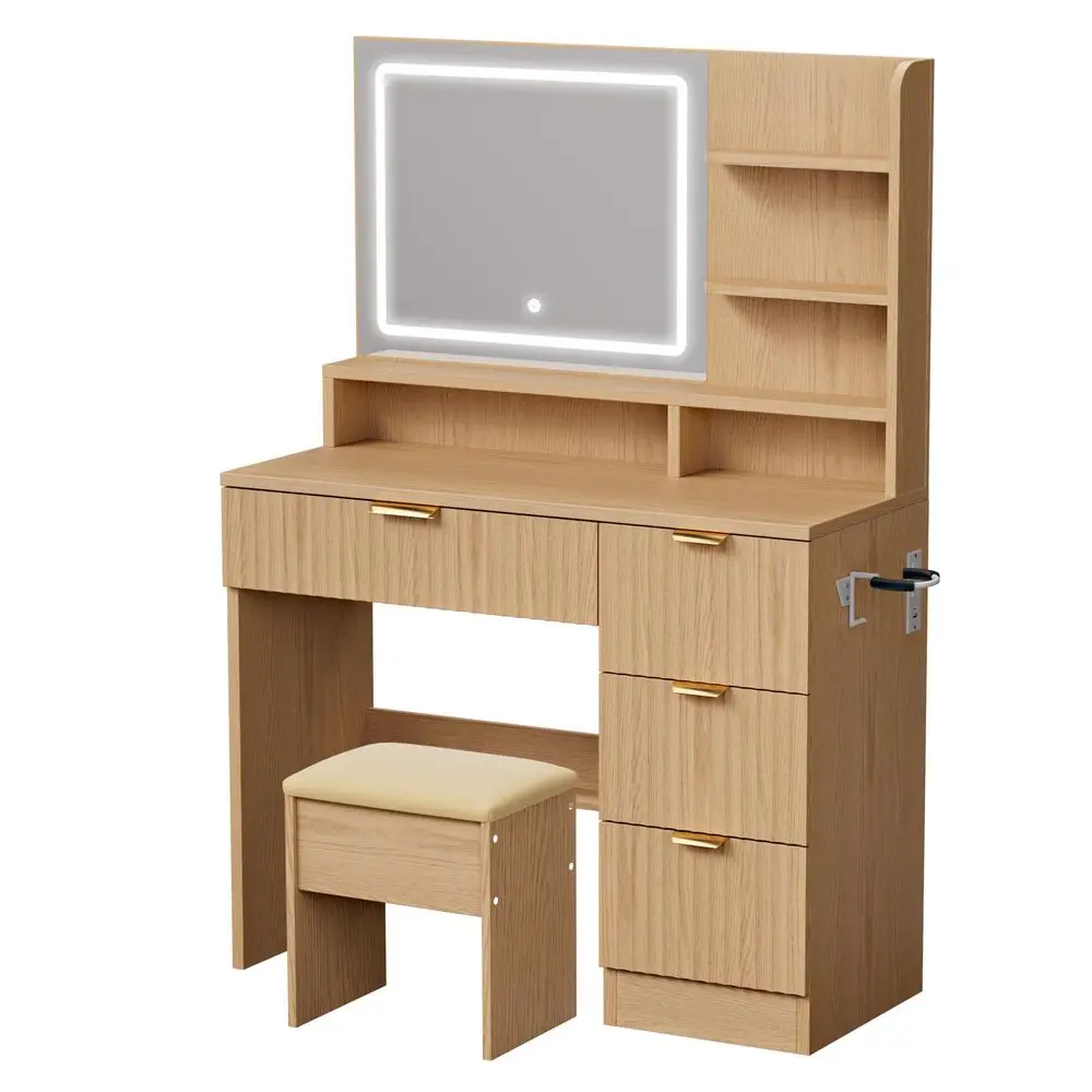 35.4 Wooden Makeup Vanity Set with Charging Station amp Stool Smart LED Mirror, Fluted Design, Cushioned Stool, Hairdryer Rack