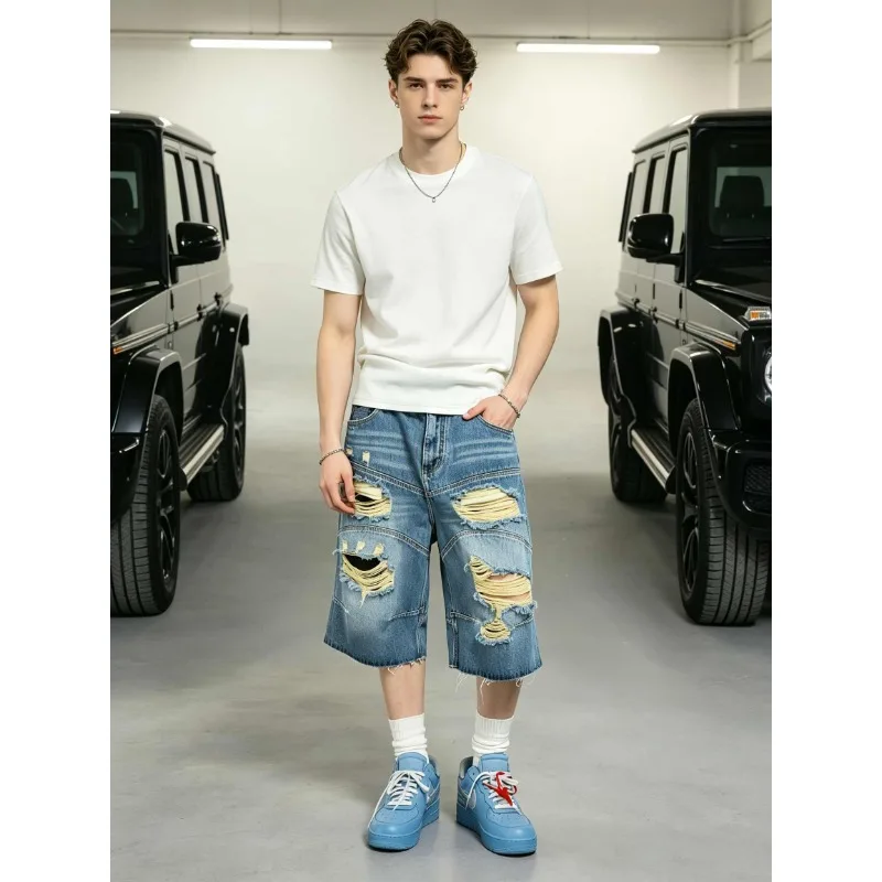 Men Distressed Spliced Loose Bermuda Denim Shorts Five Length Casual Street Jeans For European Summer Daily Outfits