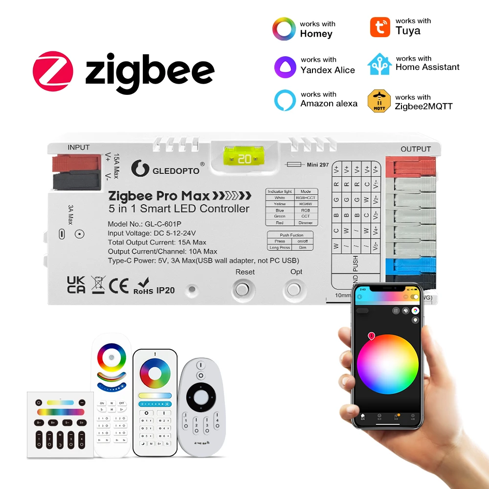 GLEDOPTO Pro Max ZigBee 3.0 LED Controller 5 in 1 RGBCCT RGBW RGB CCT Dimmer Color White Light Mix 20A Pluggable Fuse App Voice