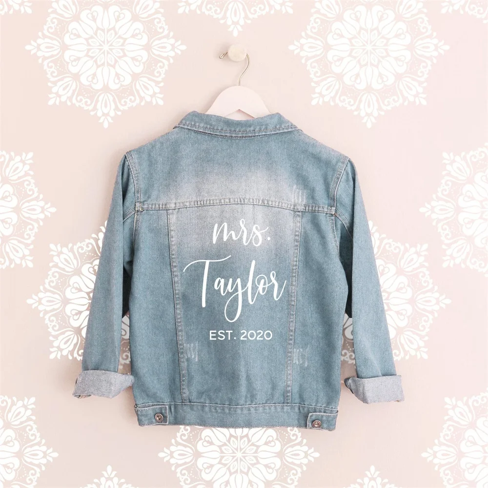 Custom Bride Jacket MRS Established Denim Jacket Personalized Wedding Date Jacket Bridal Shower Gift Idea Honeymoon Jean Jacket