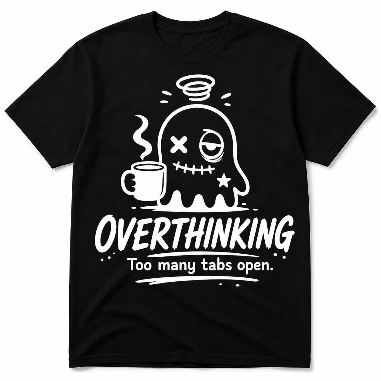 Overthinking Ghost T-shirt, Funny Coffee T-shirt, Neutral Pattern T-shirt, Handmade in The UK, Halloween Gothic-style Ghost Gift