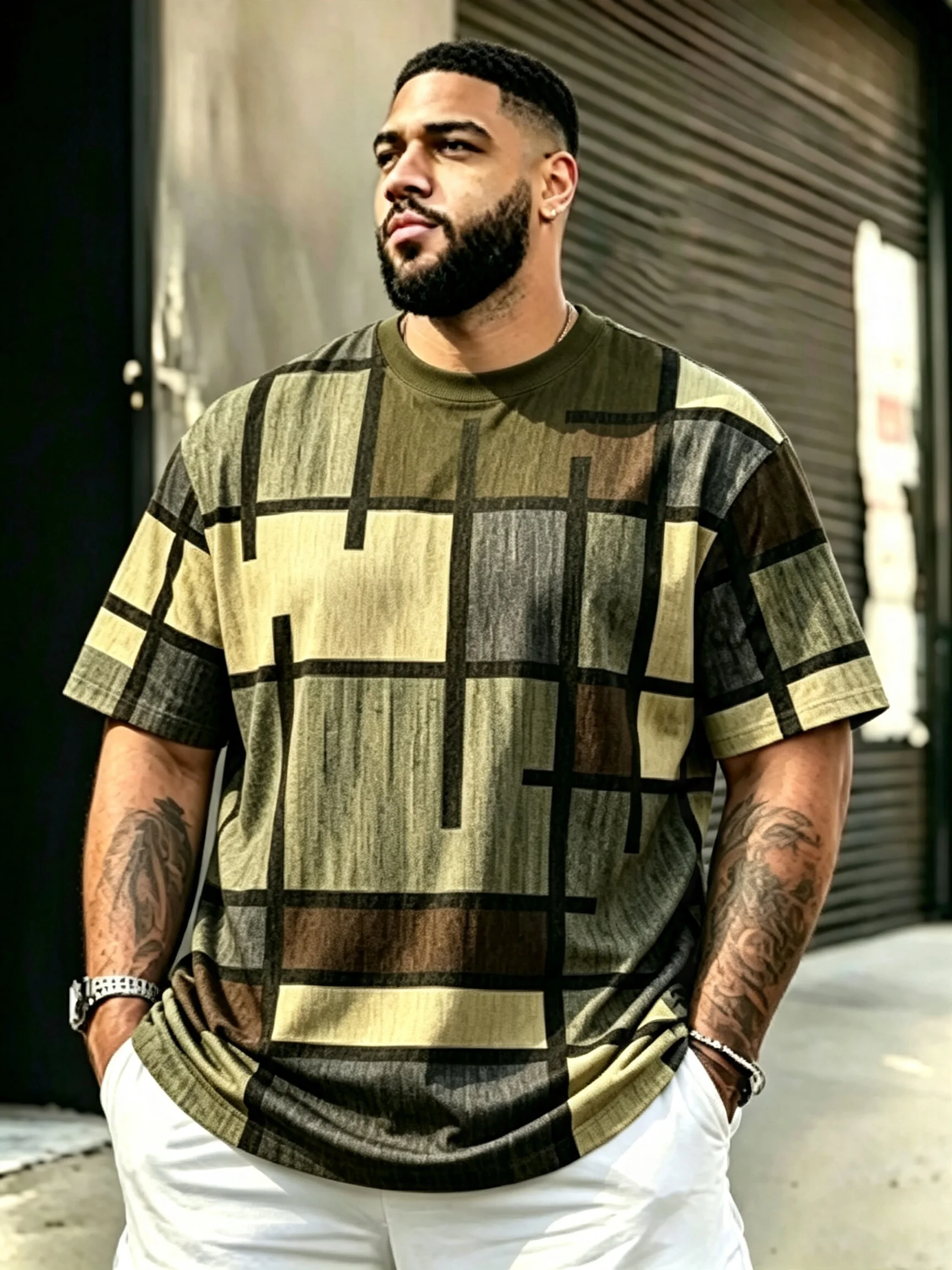 Street Art Mosaic Color Block 3D Short Sleeved High Street Oversized Loose Casual Color Splicing T-shirt for Both Men and Women