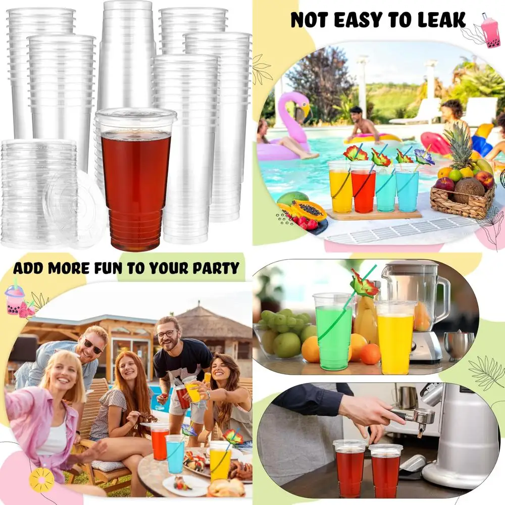 

Disposable Clear Plastic Cups with Lids, 150 Sets of 32 oz Oversized Cups for Desserts, Ice Cream, Cold Drinks, and Iced Coffee